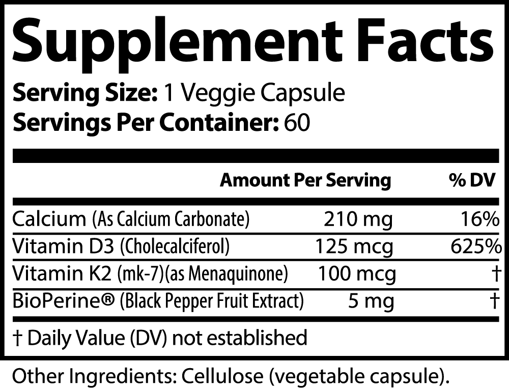 Bone and Heart Health Support - Vitamin D3 and K2 Capsules - 60 Caps - USA Made, Gluten-Free