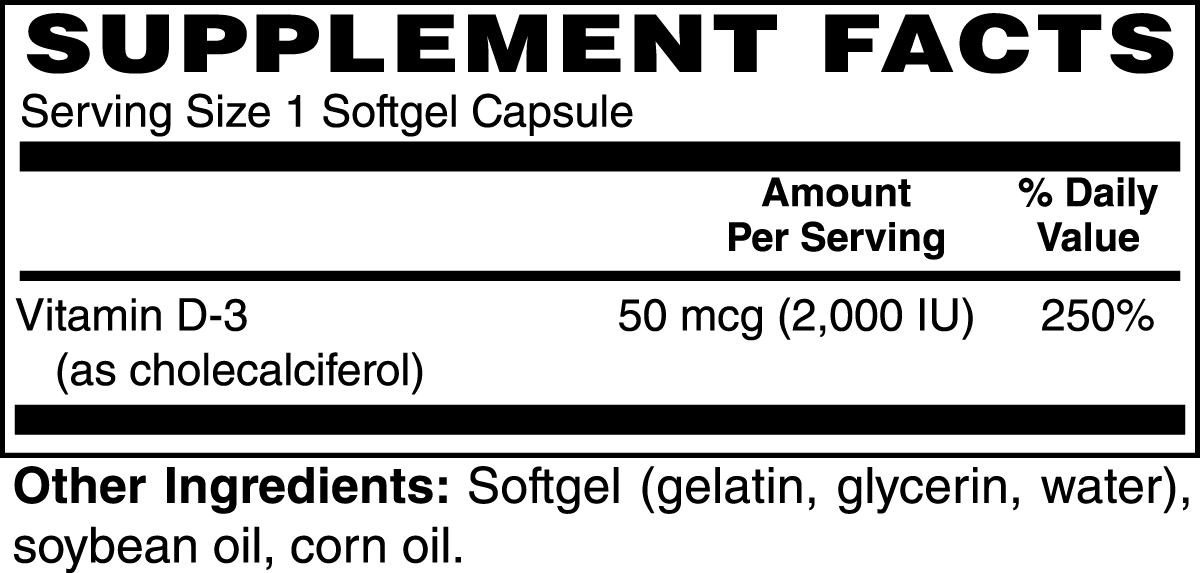 Vitamin D3 (2,000 IU) - Essential for Bone and Muscle Health - 100 Softgels, Gluten-Free