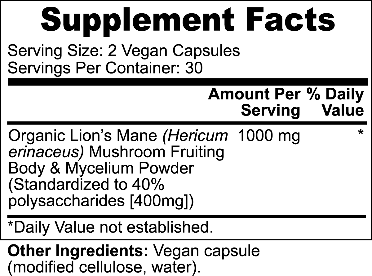 Organic Lions Mane Mushroom Supplement - Unlock Focus and Energy - 60 Vegan Capsules